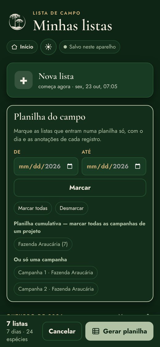 Seleção de listas para a planilha do campo