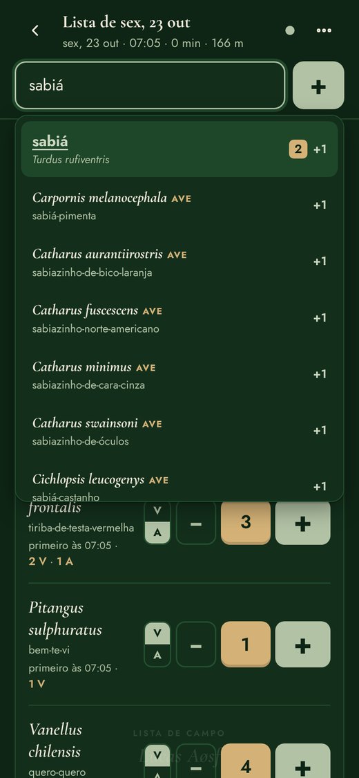 Sugestões de espécies ao digitar