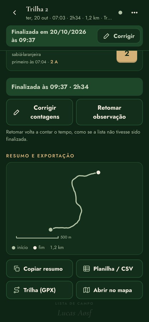 Lista finalizada com a trilha GPS